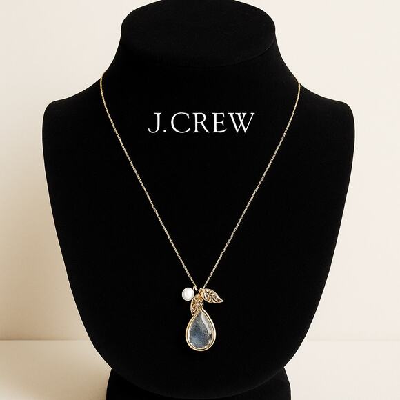 New J. Crew Gold Necklace w/ Crystal & Leaf Pendant - Picture 1 of 3